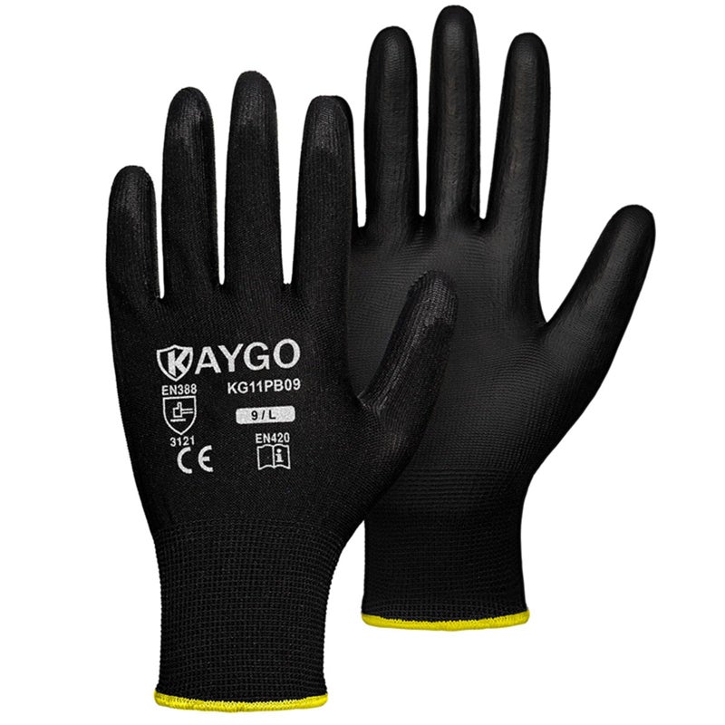 KAYGO Safety Work Gloves PU Coated, 60 Pairs KG11PB Seamless Knit Glove for Men and Women, with Smooth Grip on Palm and Fingers, Ideal for General Duty Work (Large, Black) - Image 1